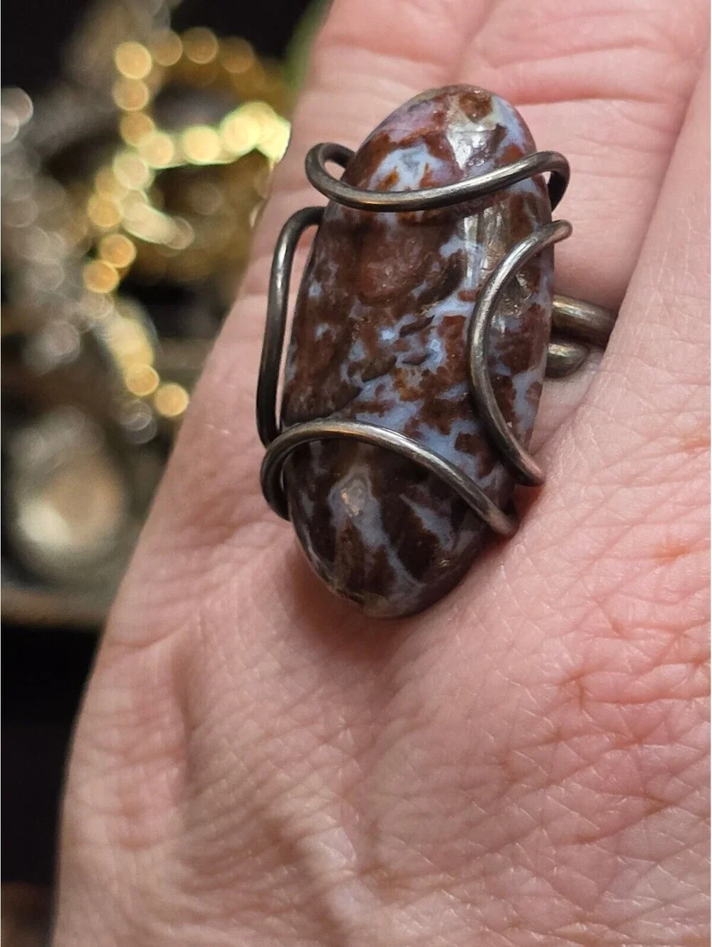 Artisan Wire Wrapped Oval Agate Cabochon Ring Adjustable Sz 7